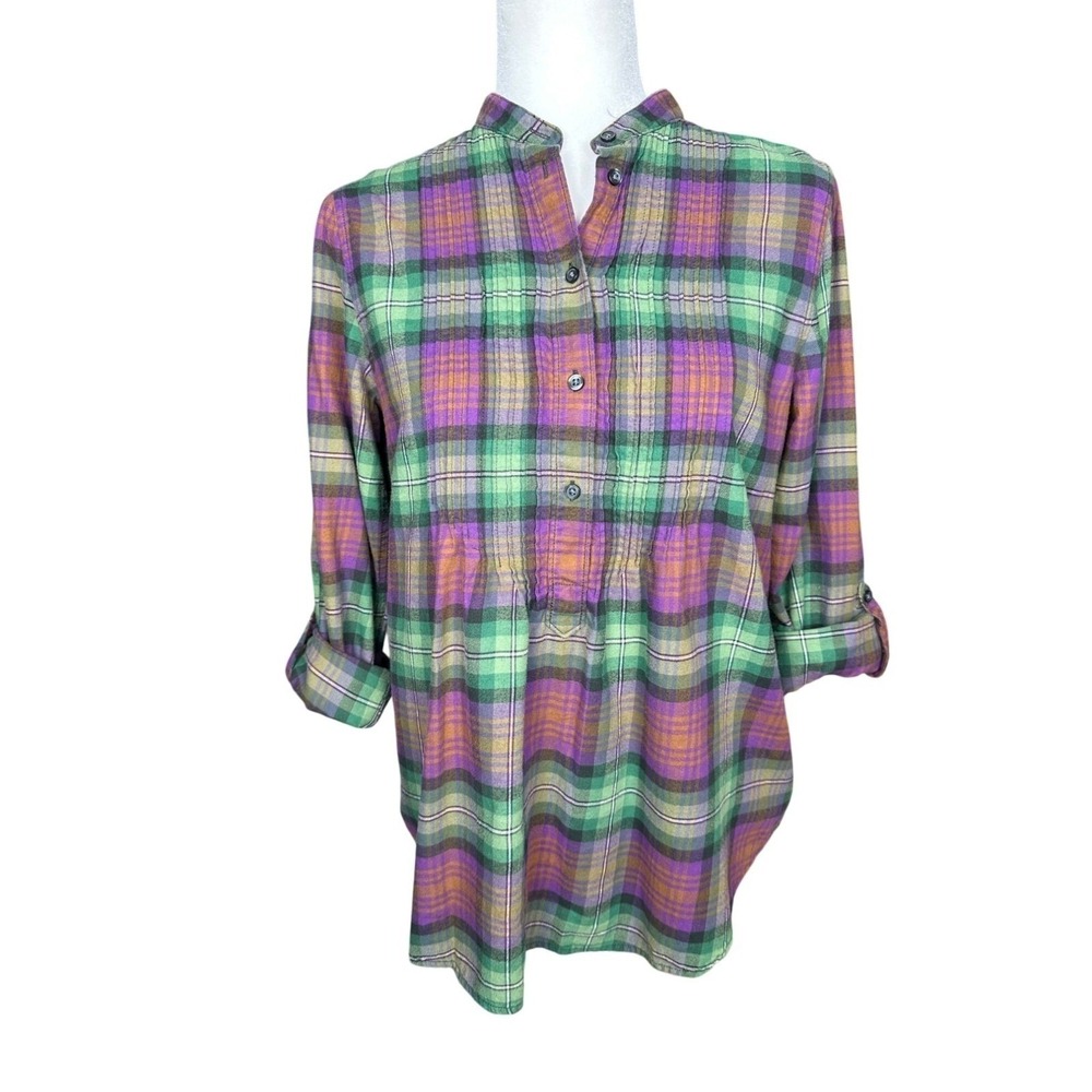 Lands End Womens Plaid Shirt 6 Purple Green Popover Pintuck Roll Tab Sleeve Top